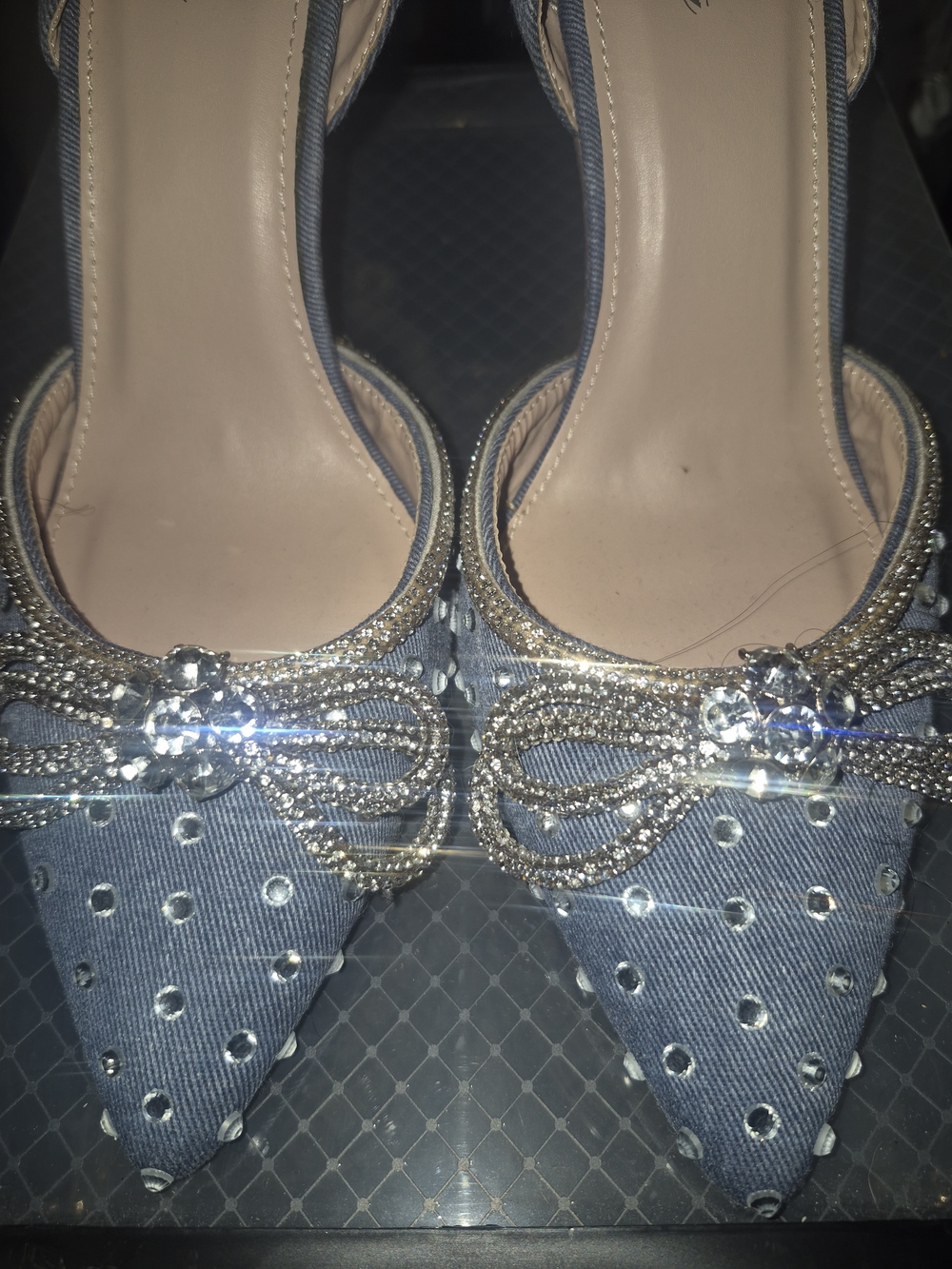 Denim Blue Rhinestone Bow Pointed-Toe Women’s Heels